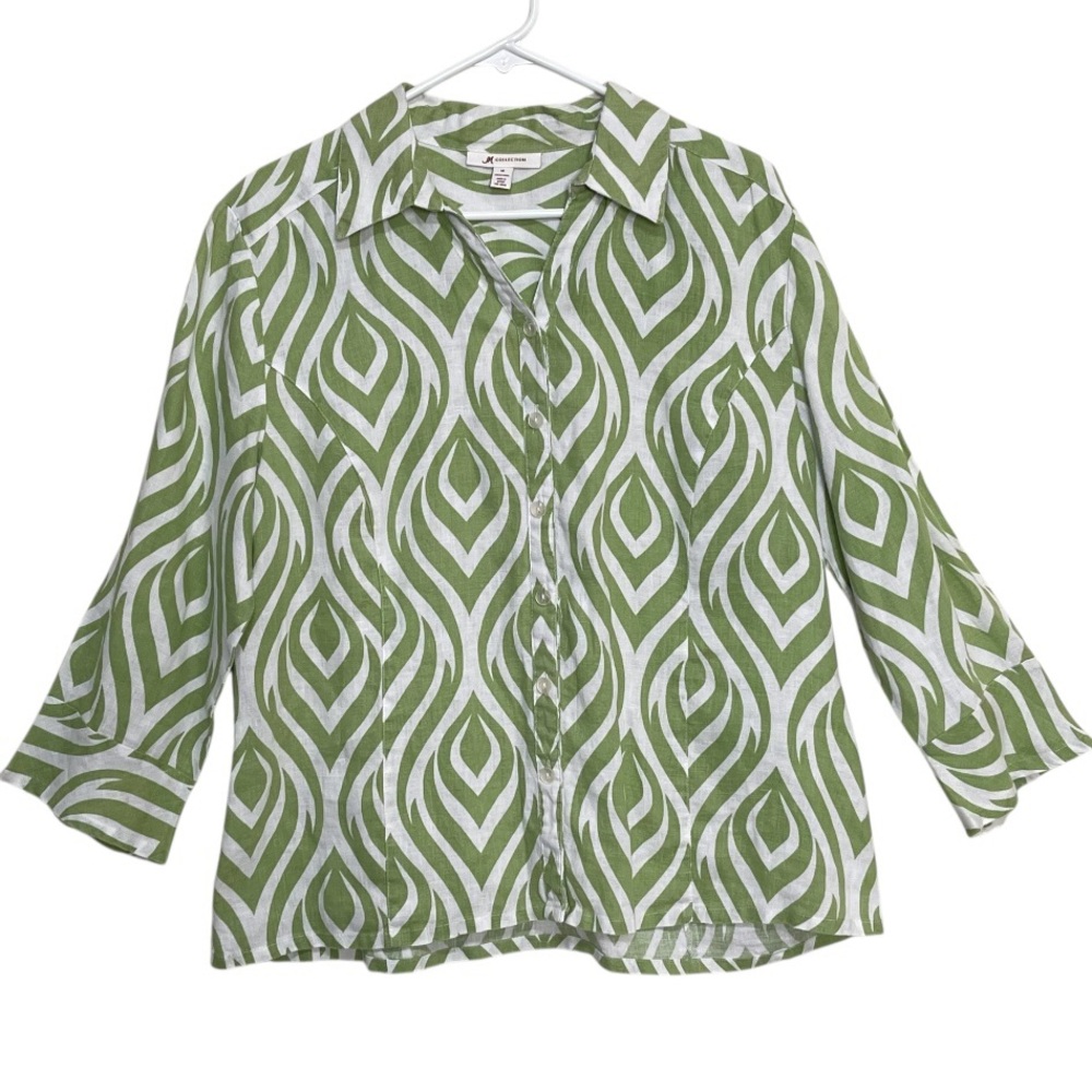 JM Collection 100% Linen Top Peacock Eye Coastal Summer Comfy Lagenlook Size 14